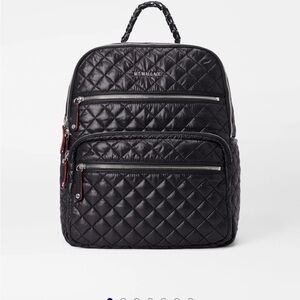 MZ Wallace Black Quilted Backpack with Red Accents